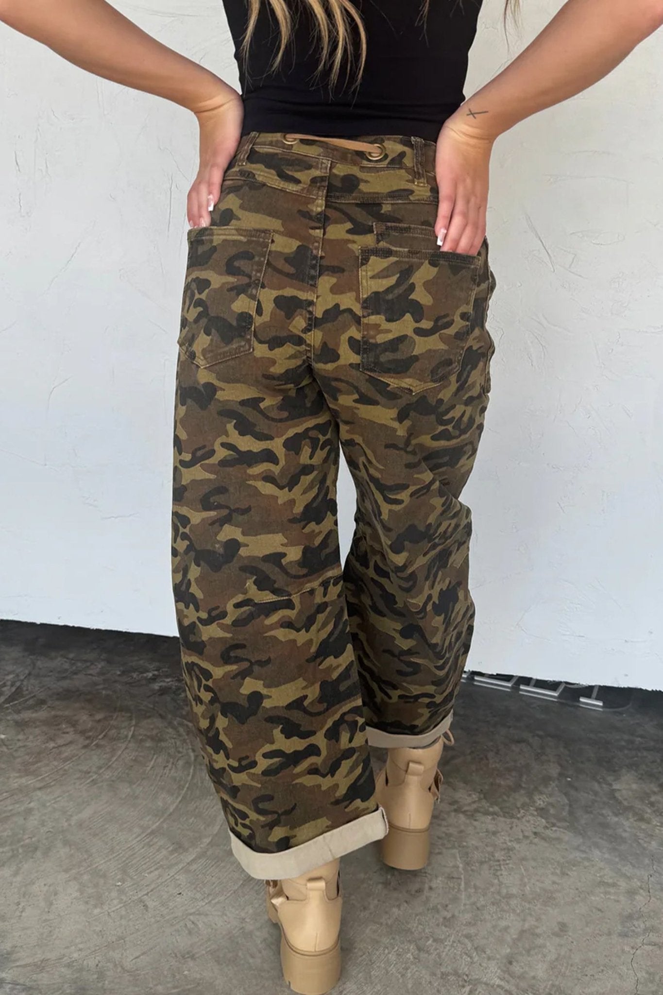 Camo Retro Grommet Tie Waist Loose Jeans - Rooted & Reckless Co.