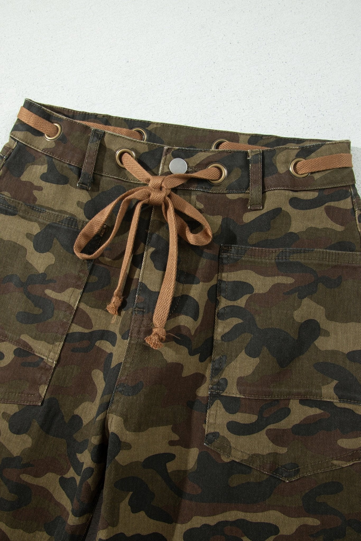 Camo Retro Grommet Tie Waist Loose Jeans - Rooted & Reckless Co.