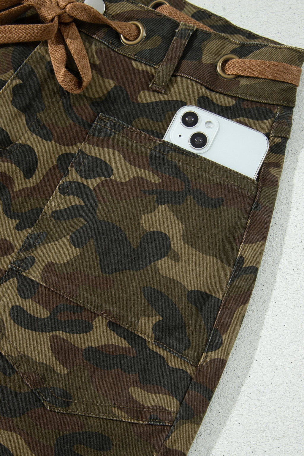 Camo Retro Grommet Tie Waist Loose Jeans - Rooted & Reckless Co.