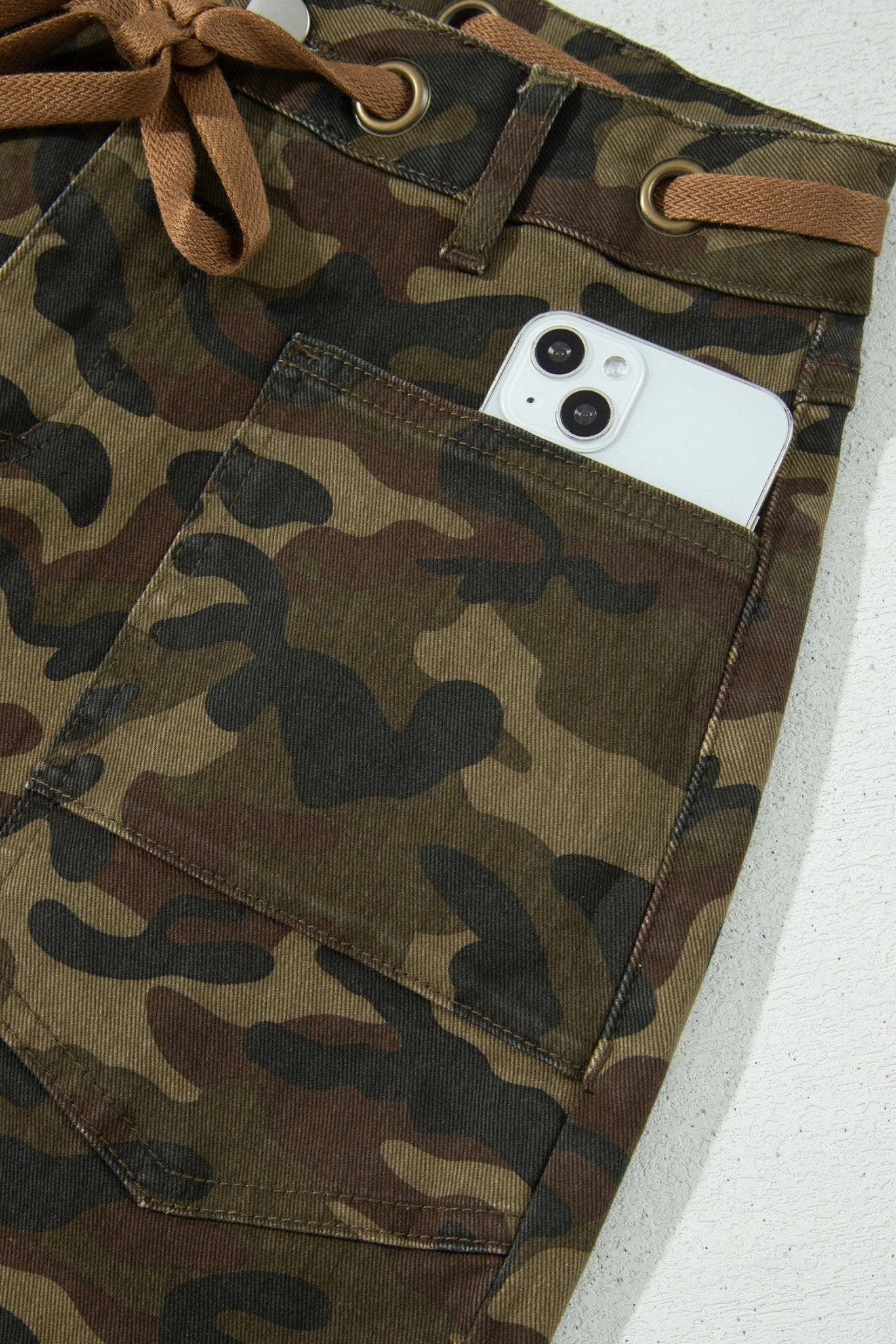 Camo Retro Grommet Tie Waist Loose Jeans - Rooted & Reckless Co.