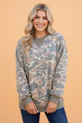 Camo Ribbed Trim Crew Neck Pullover Sweatshirt - Rooted & Reckless Co.