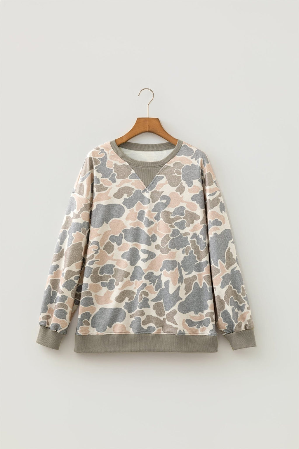 Camo Ribbed Trim Crew Neck Pullover Sweatshirt - Rooted & Reckless Co.