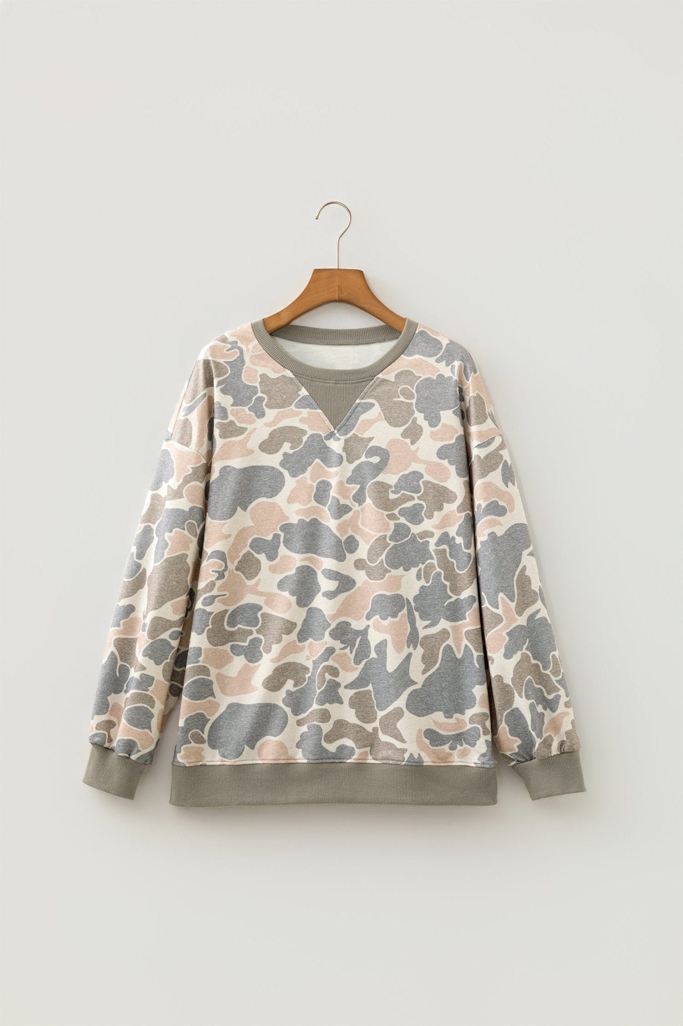 Camo Ribbed Trim Crew Neck Pullover Sweatshirt - Rooted & Reckless Co.