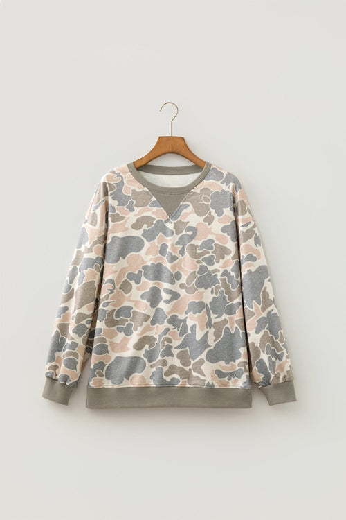 Camo Ribbed Trim Crew Neck Pullover Sweatshirt - Rooted & Reckless Co.