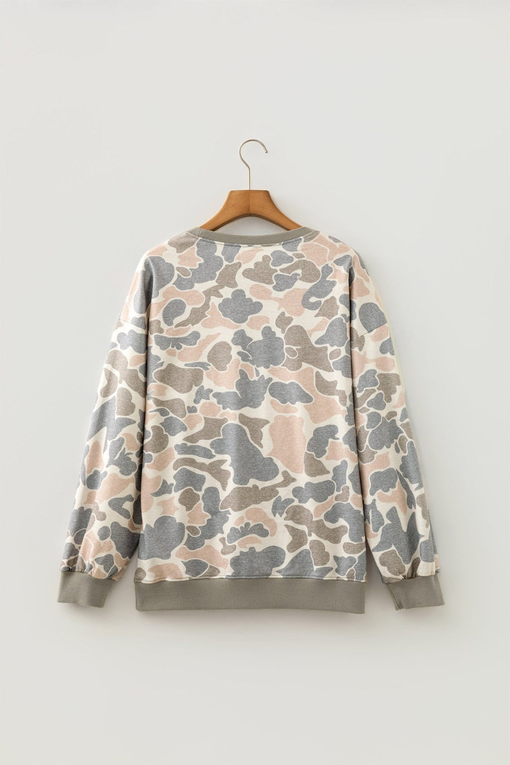 Camo Ribbed Trim Crew Neck Pullover Sweatshirt - Rooted & Reckless Co.