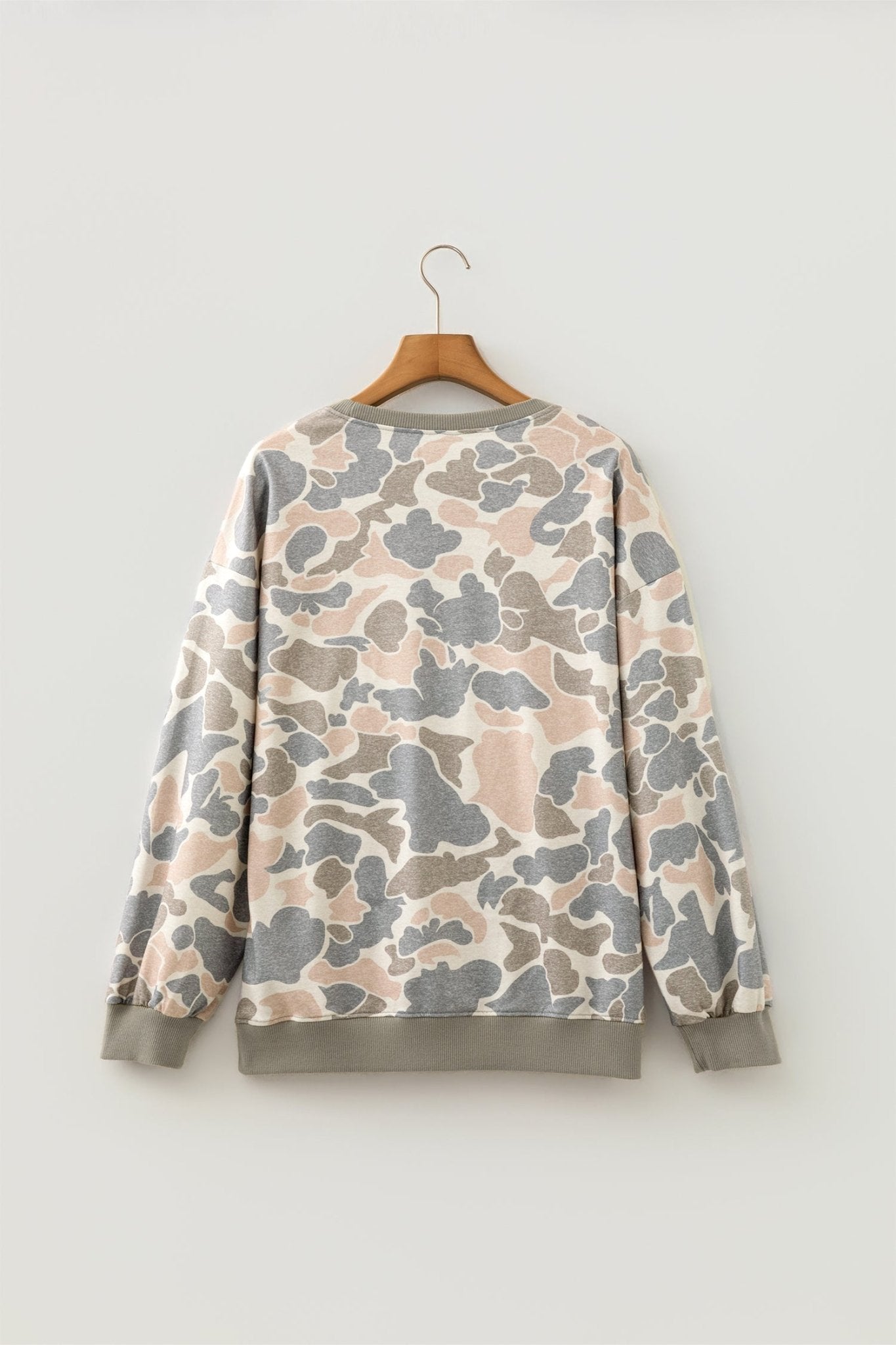 Camo Ribbed Trim Crew Neck Pullover Sweatshirt - Rooted & Reckless Co.
