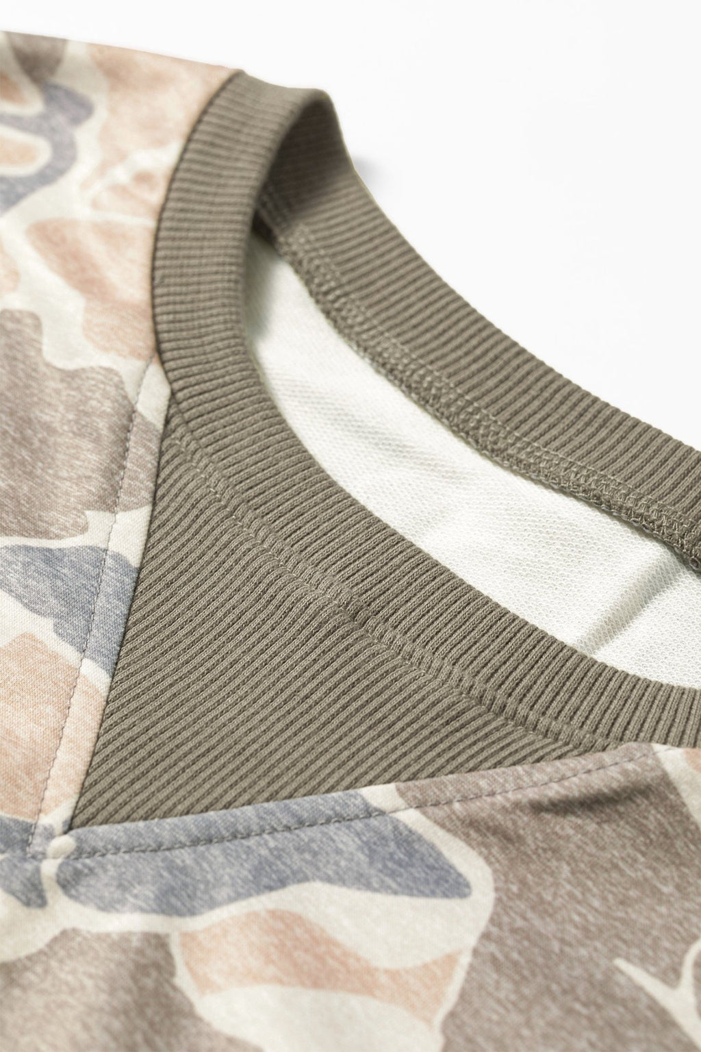 Camo Ribbed Trim Crew Neck Pullover Sweatshirt - Rooted & Reckless Co.