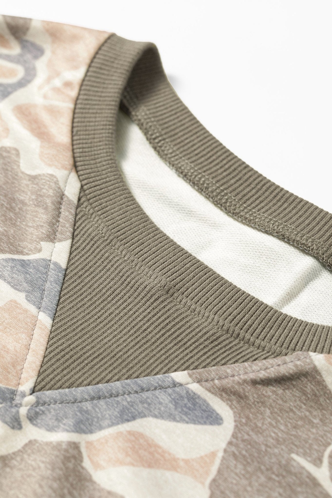Camo Ribbed Trim Crew Neck Pullover Sweatshirt - Rooted & Reckless Co.