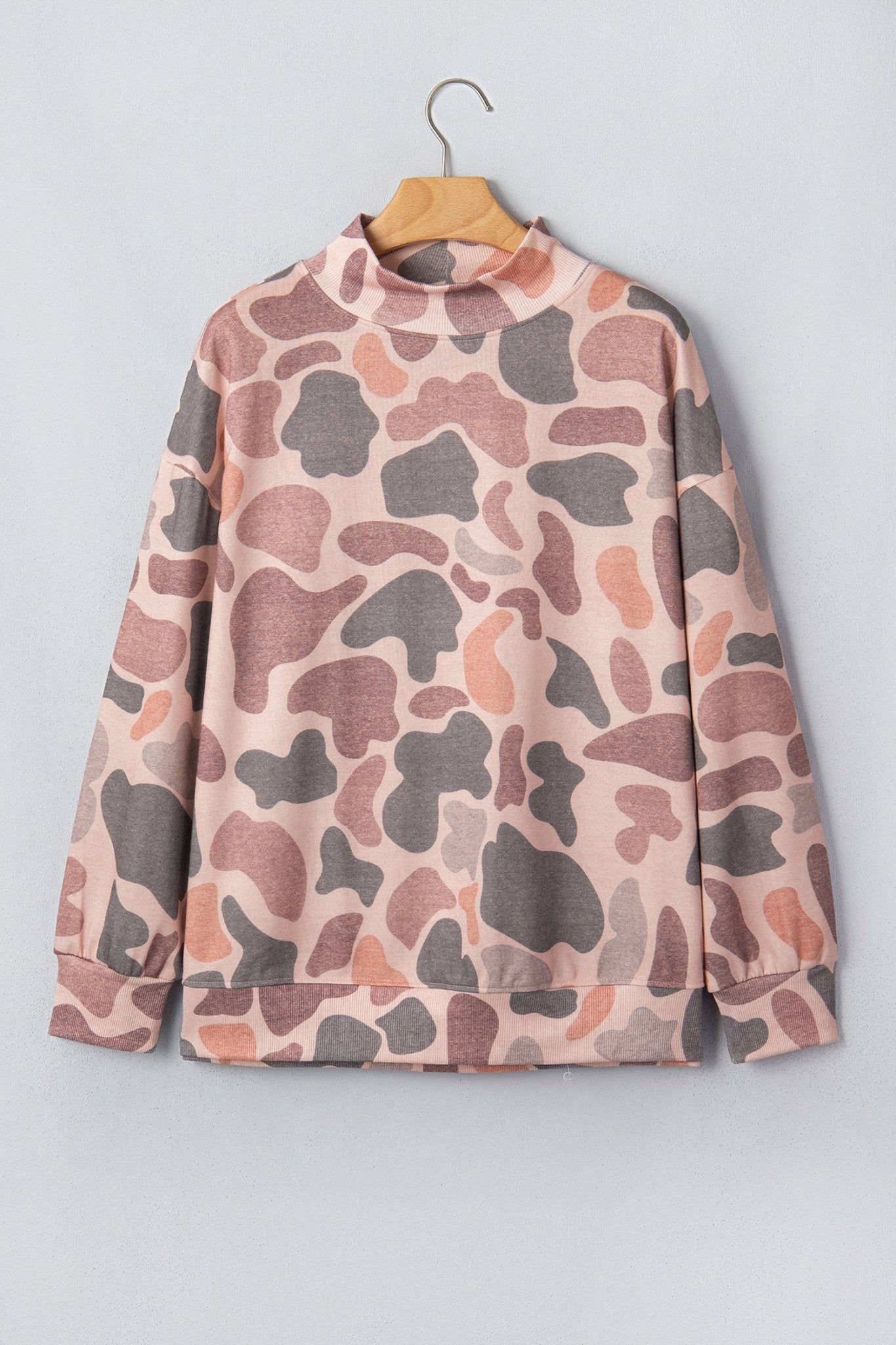Camo Ribbed Trim Mock Neck Long Sleeve Sweatshirt - Rooted & Reckless Co.