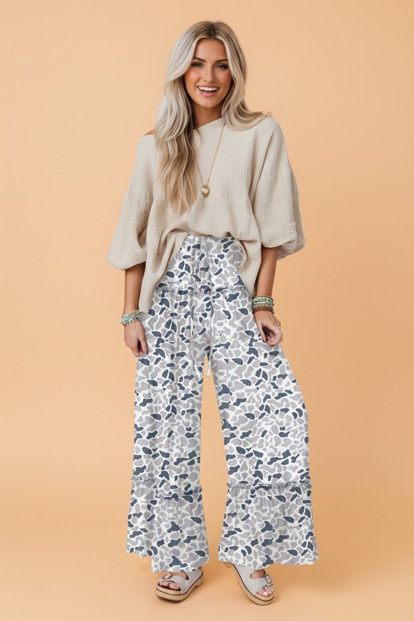 Camo Ruffle Wide Leg Drawstring Pants - Rooted & Reckless Co.