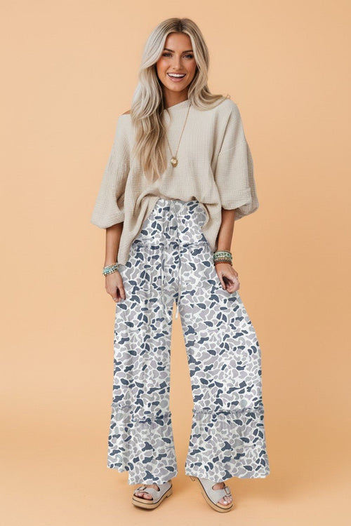 Camo Ruffle Wide Leg Drawstring Pants - Rooted & Reckless Co.