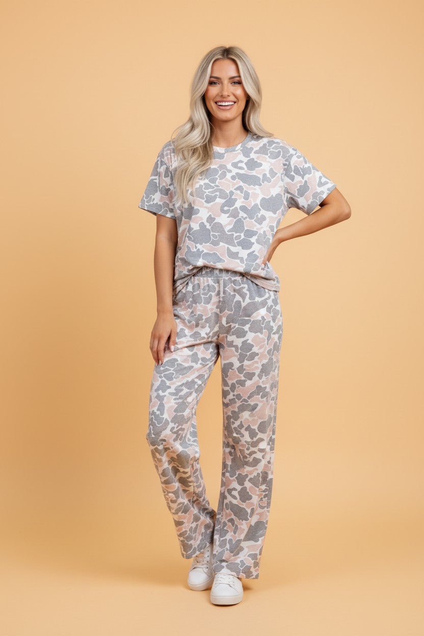 Camo Short Sleeve Top & Wide Leg Pants Set - Rooted & Reckless Co.