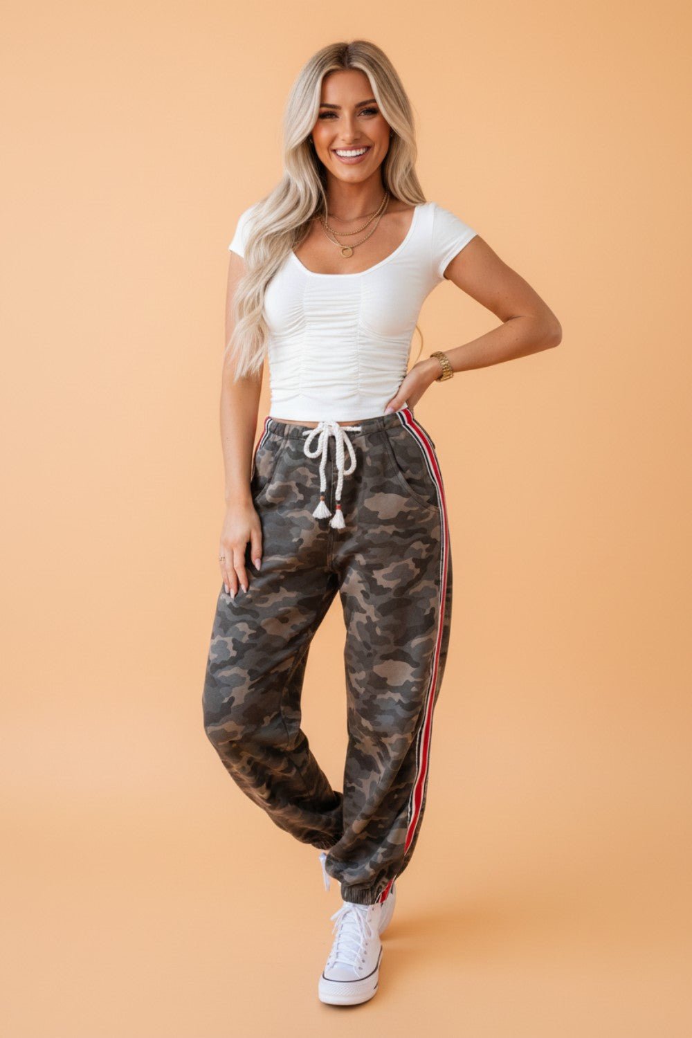 Camo Side Stripe Panel Drawstring Pants - Rooted & Reckless Co.