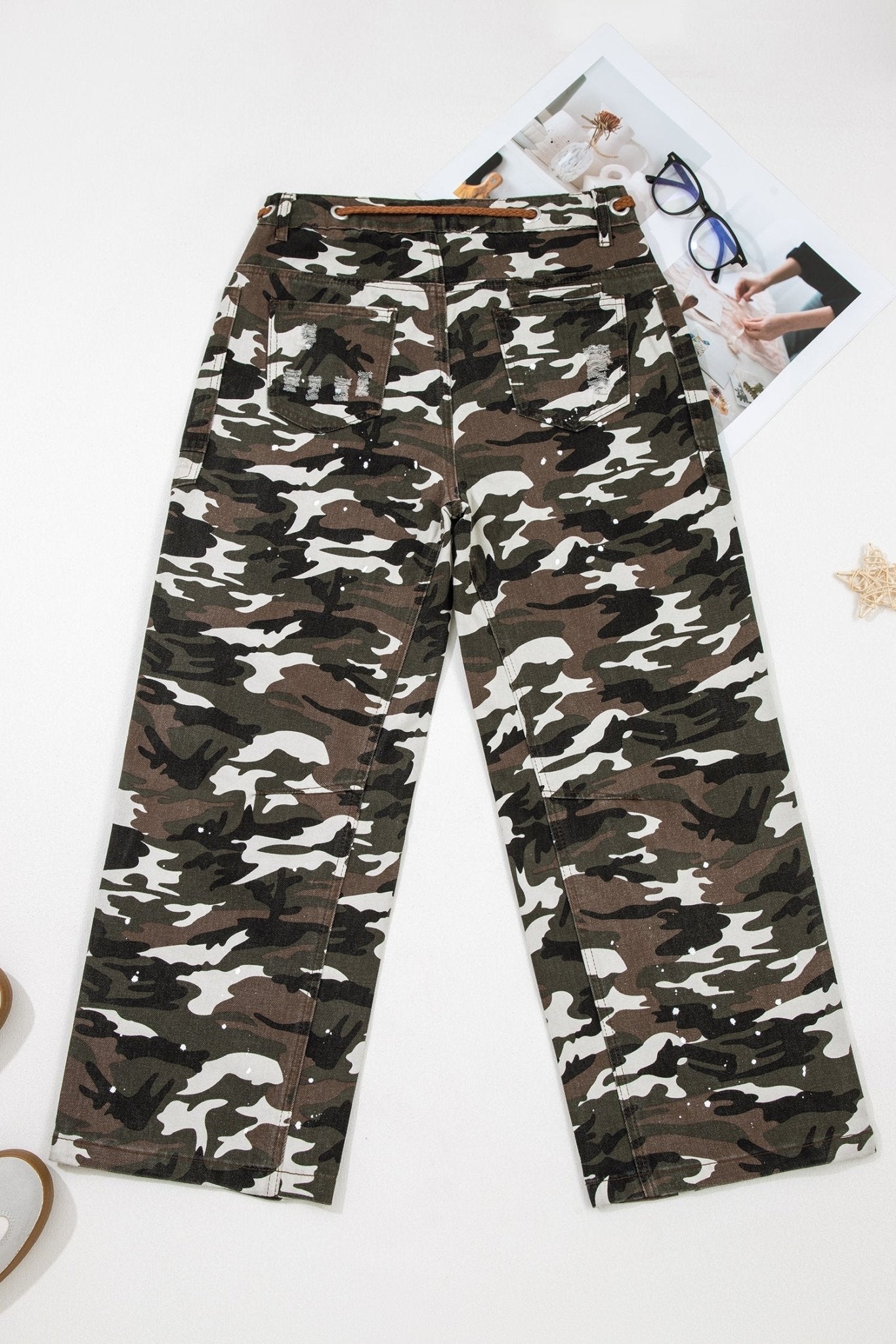 Camo Splatter Distressed Tie Waist Denim Pants - Rooted & Reckless Co.