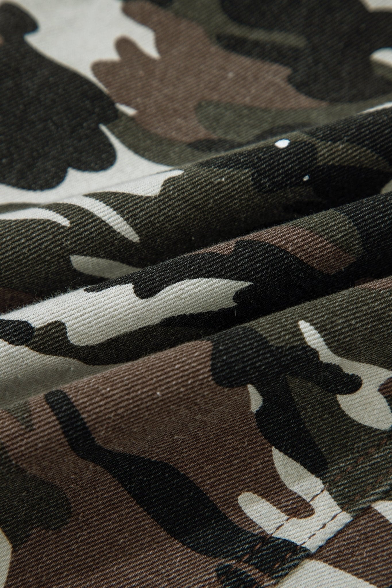 Camo Splatter Distressed Tie Waist Denim Pants - Rooted & Reckless Co.