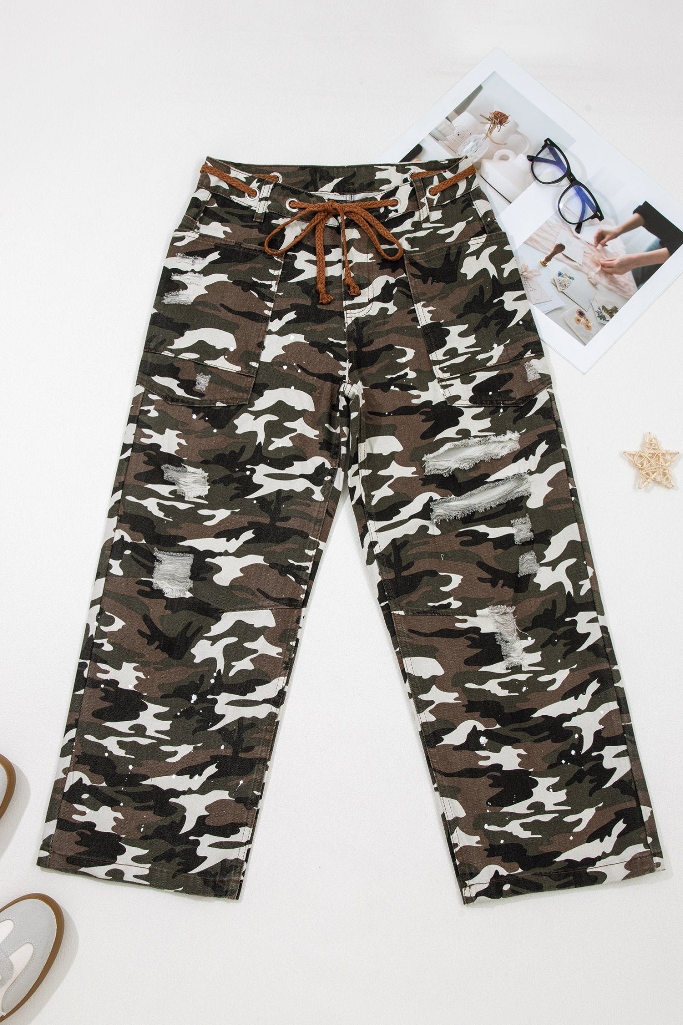 Camo Splatter Distressed Tie Waist Denim Pants - Rooted & Reckless Co.