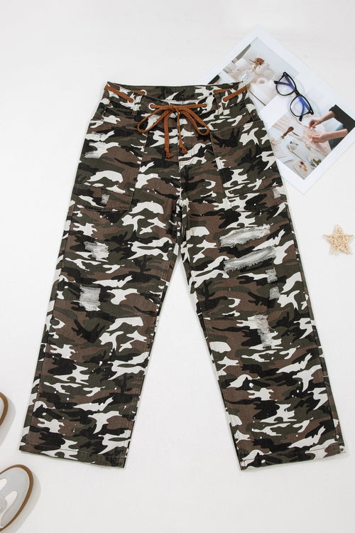 Camo Splatter Distressed Tie Waist Denim Pants - Rooted & Reckless Co.