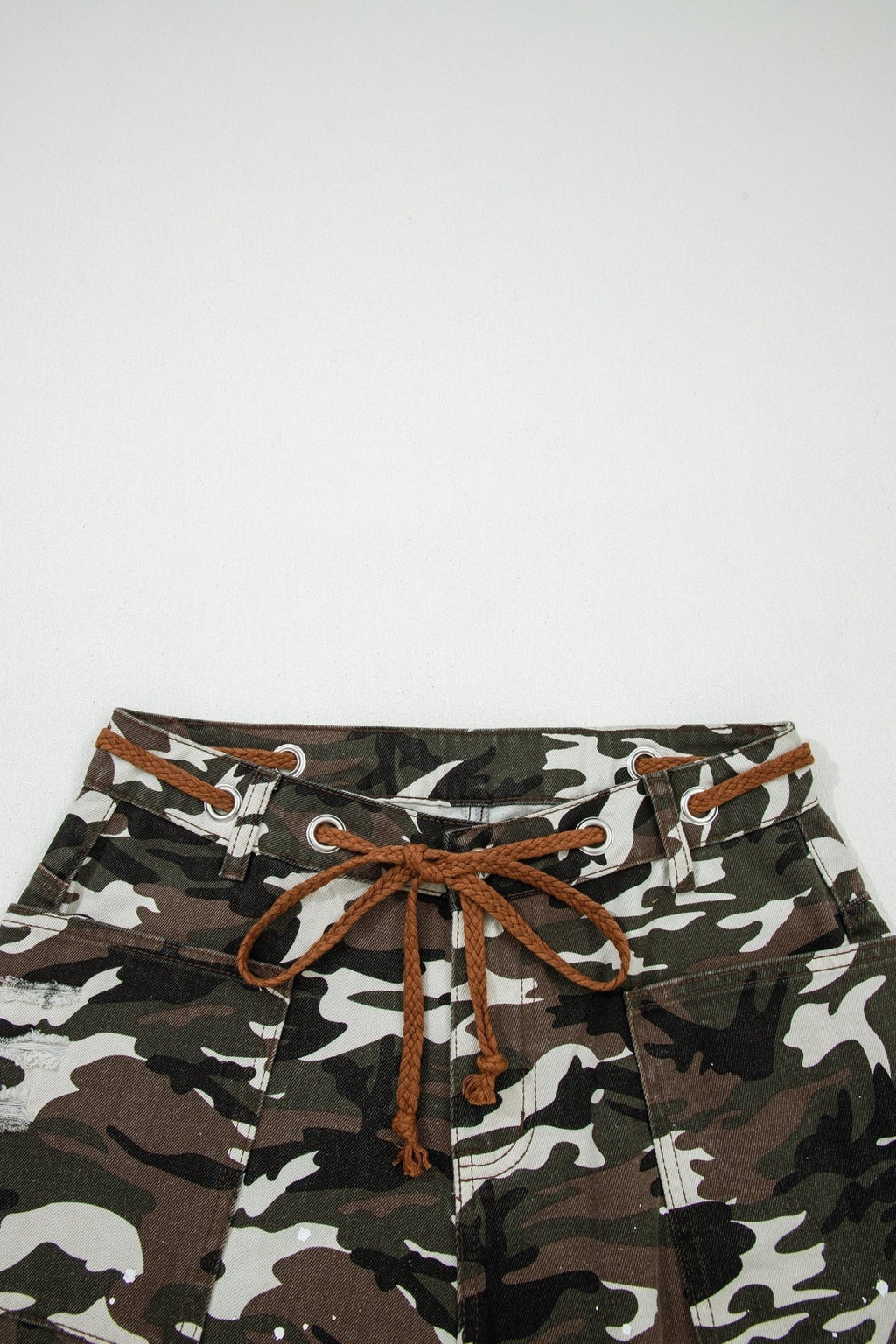 Camo Splatter Distressed Tie Waist Denim Pants - Rooted & Reckless Co.