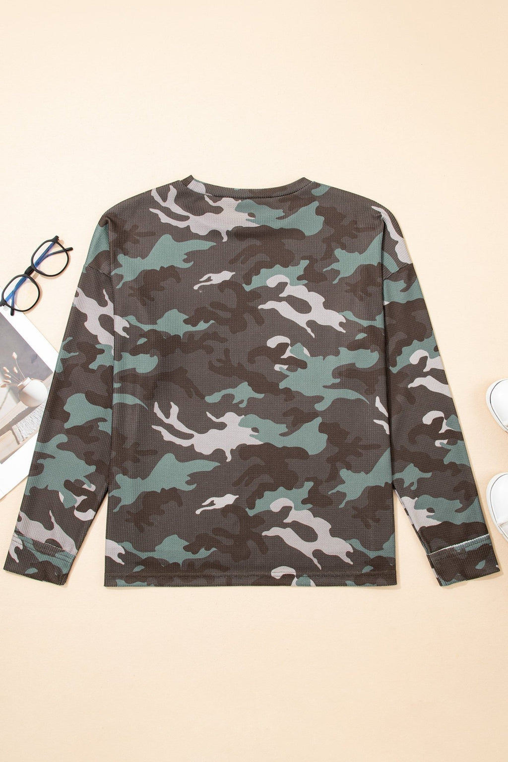 Camo Textured Drop Shoulder Long Sleeve Top - Rooted & Reckless Co.