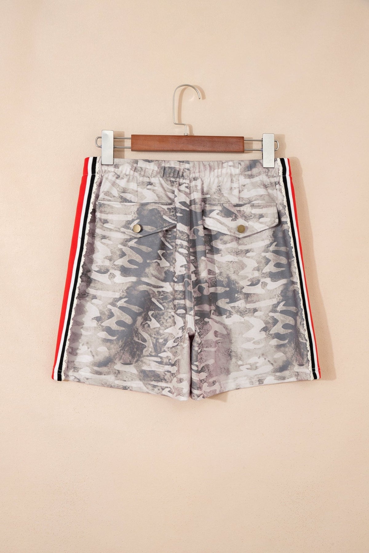 Camo Varsity Stripe Drawstring Waist Shorts - Rooted & Reckless Co.