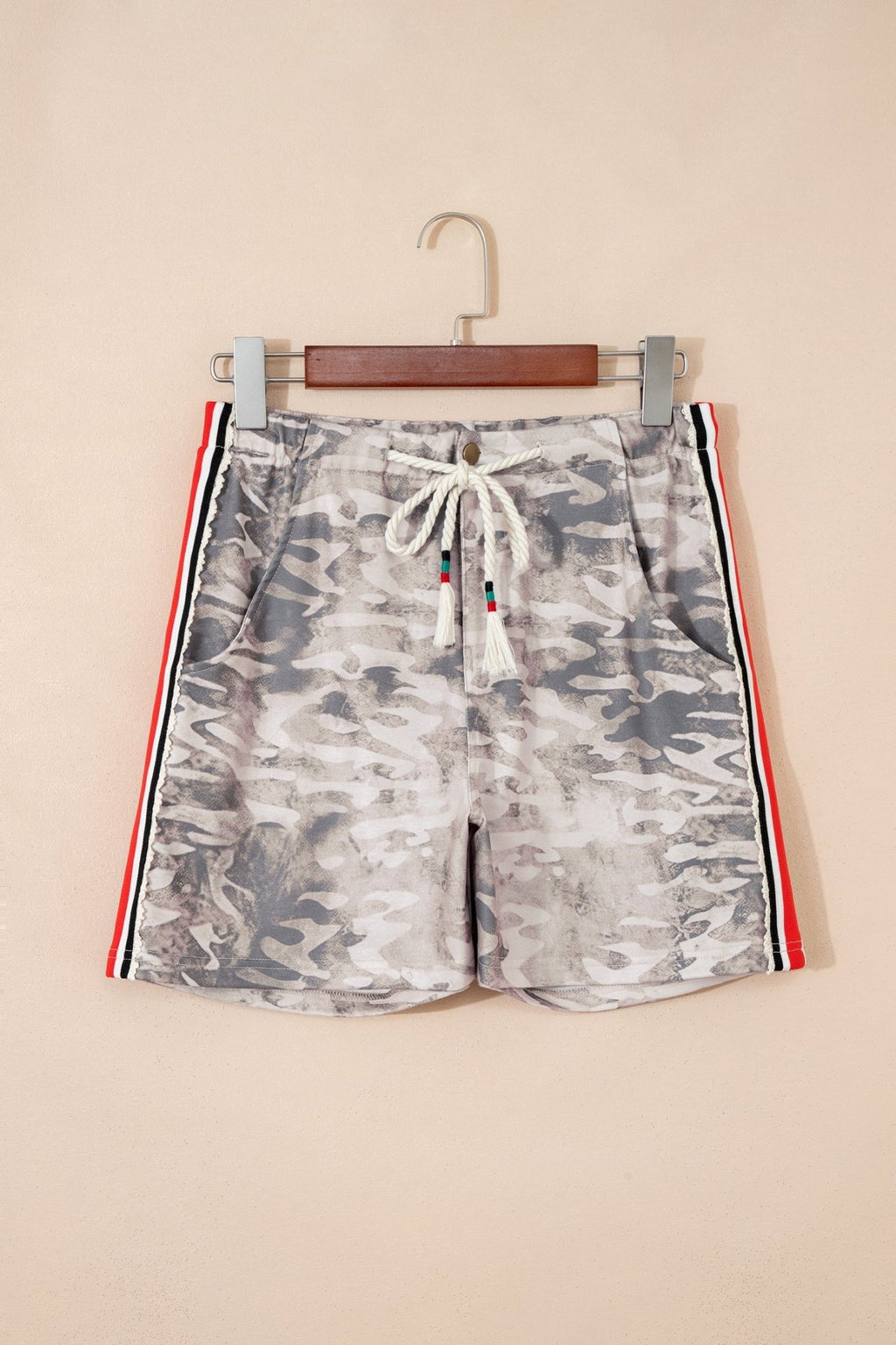 Camo Varsity Stripe Drawstring Waist Shorts - Rooted & Reckless Co.