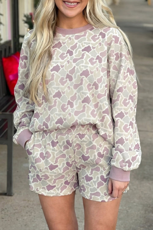 Camo Waffle Knit Long Sleeve Top & Shorts Set - Rooted & Reckless Co.