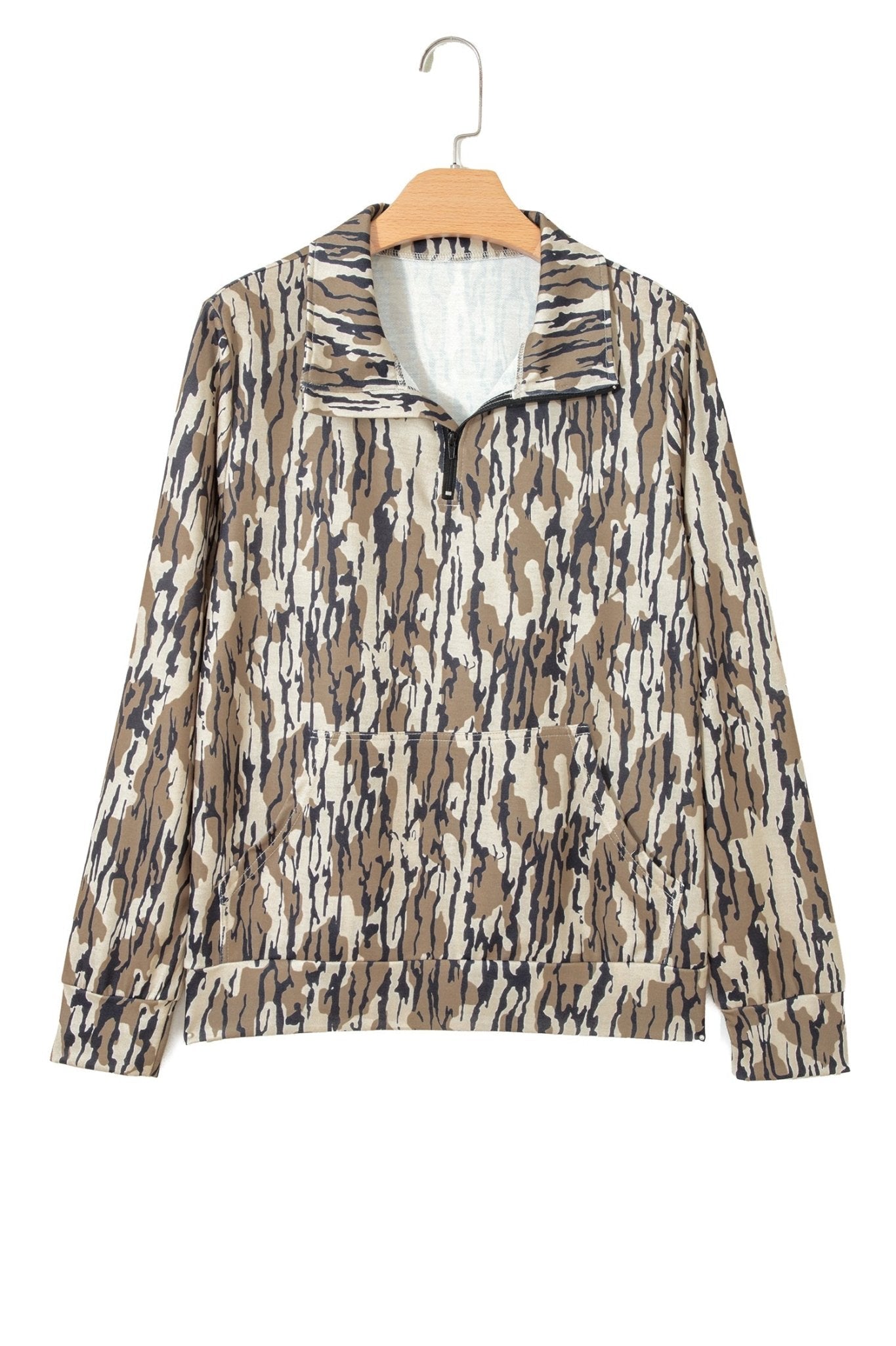 Camo Zipped Collar Kangaroo Pocket Sweatshirt - Rooted & Reckless Co.