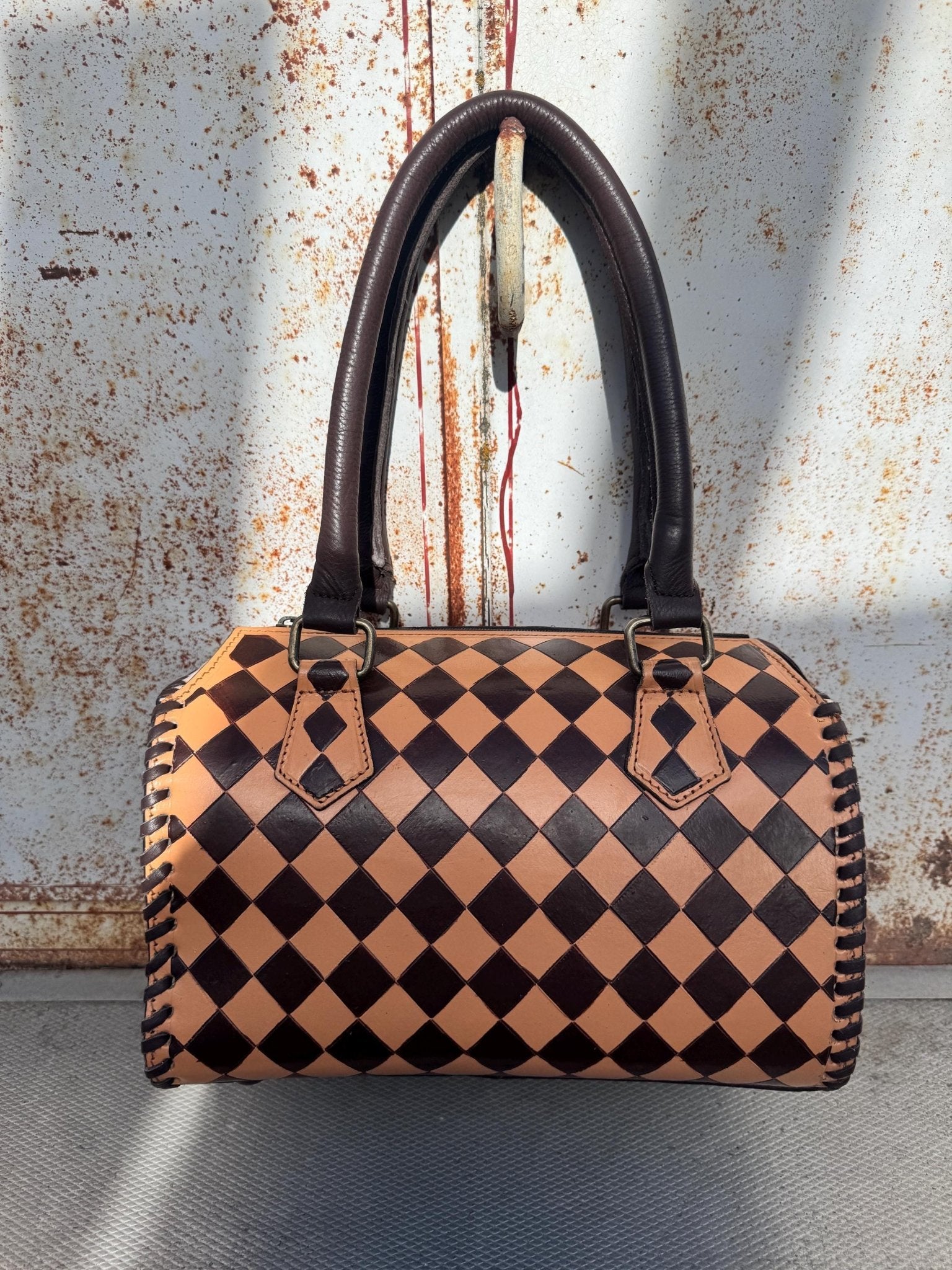 Caramel Espresso Checkered Speedy Western Genuine Leather Purse with optional wallet - Rooted & Reckless Co.