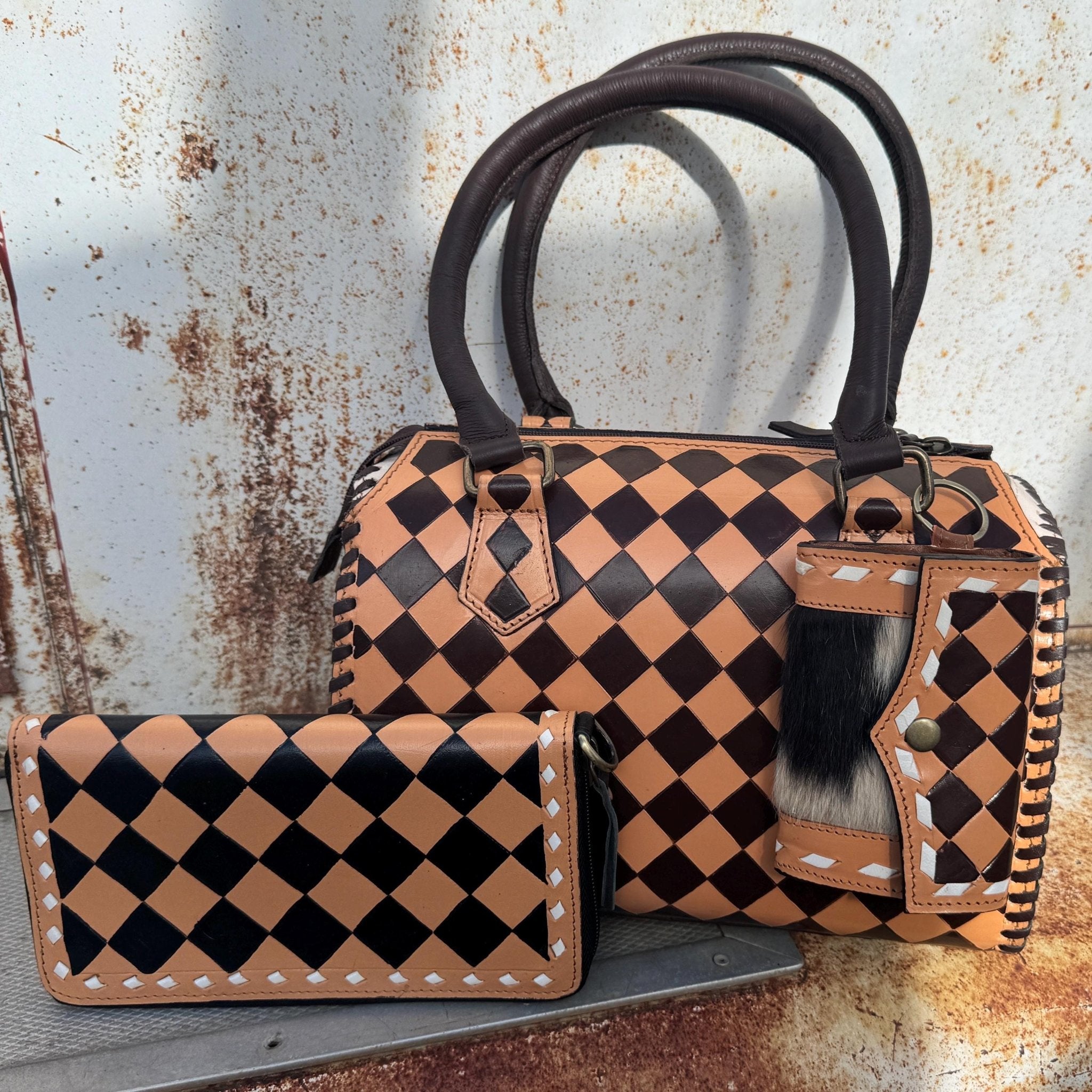 Caramel Espresso Checkered Speedy Western Genuine Leather Purse with optional wallet - Rooted & Reckless Co.