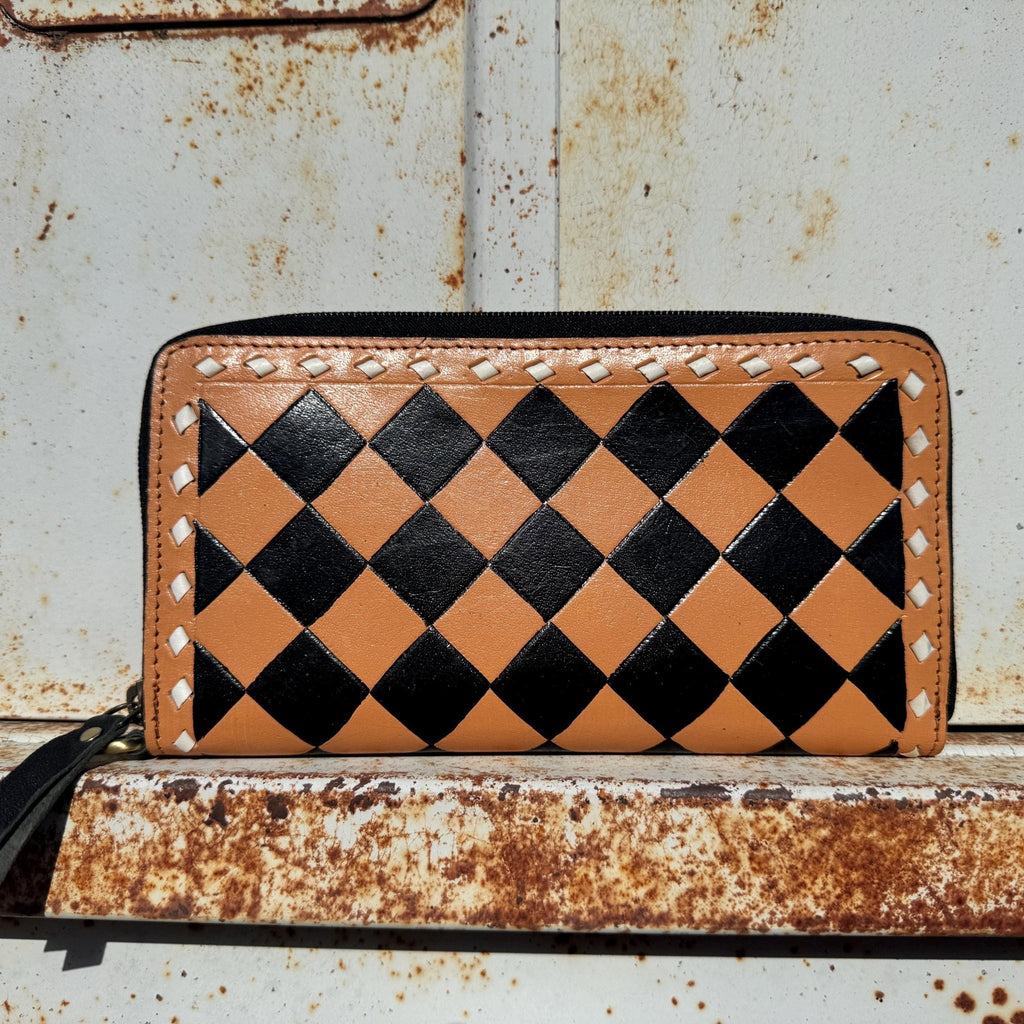 Caramel Espresso Checkered Speedy Western Genuine Leather Purse with optional wallet - Rooted & Reckless Co.