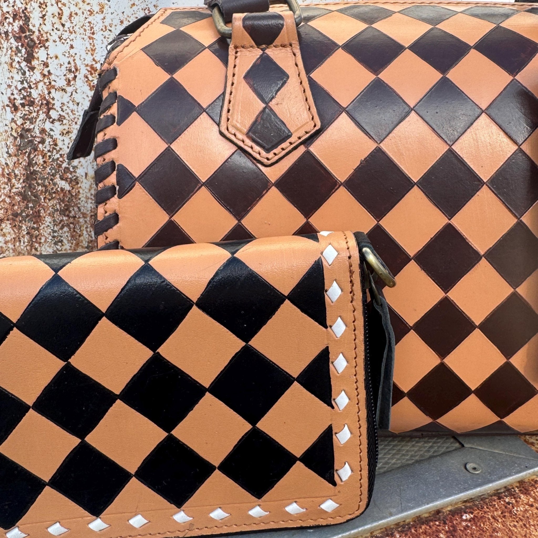 Caramel Espresso Checkered Speedy Western Genuine Leather Purse with optional wallet - Rooted & Reckless Co.