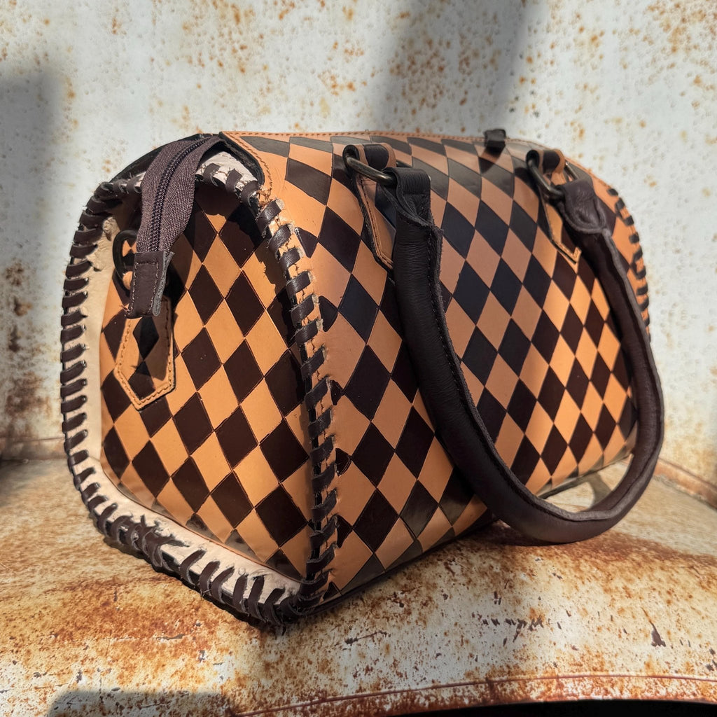 Caramel Espresso Checkered Speedy Western Genuine Leather Purse with optional wallet - Rooted & Reckless Co.