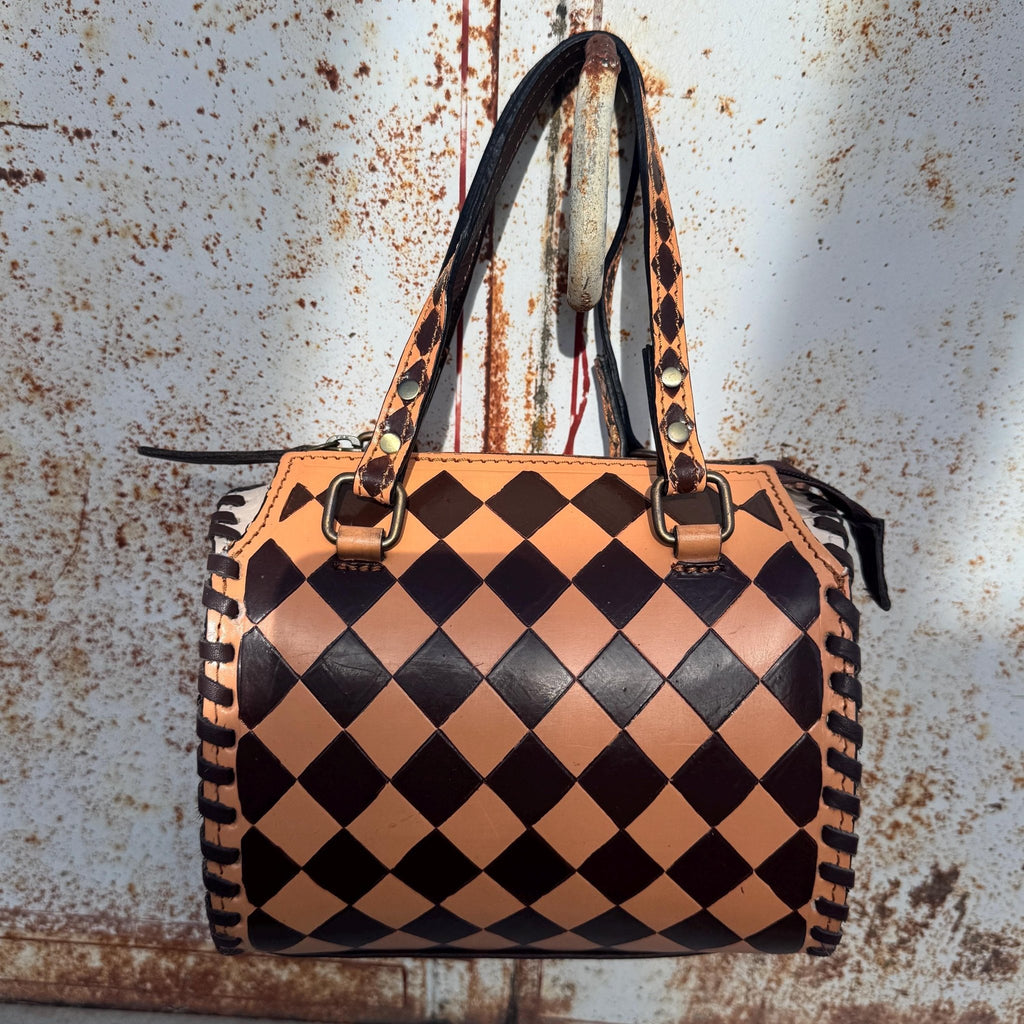 Caramel Espresso Checkered Speedy Western Genuine Leather Purse with optional wallet - Rooted & Reckless Co.