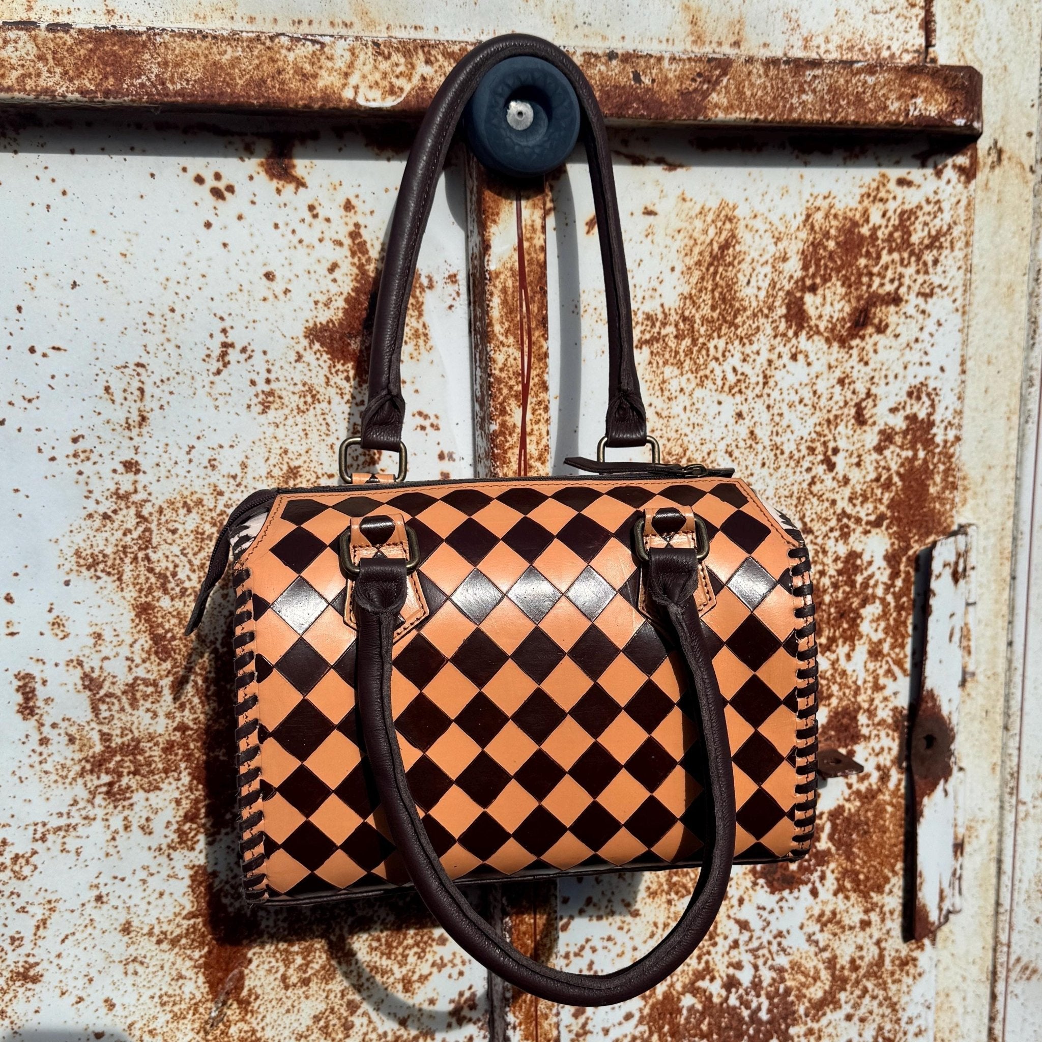 Caramel Espresso Checkered Speedy Western Genuine Leather Purse with optional wallet - Rooted & Reckless Co.