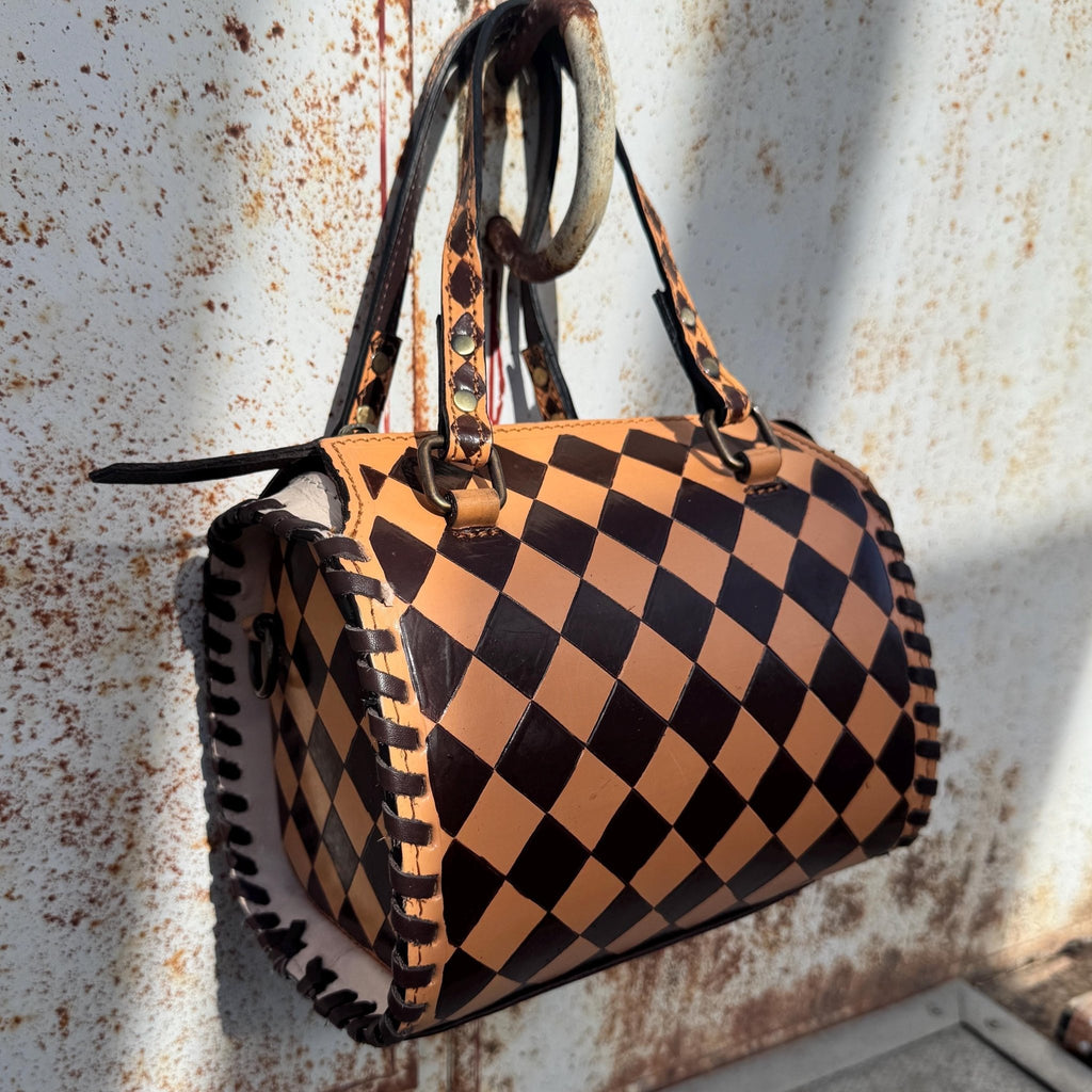 Caramel Espresso Checkered Speedy Western Genuine Leather Purse with optional wallet - Rooted & Reckless Co.
