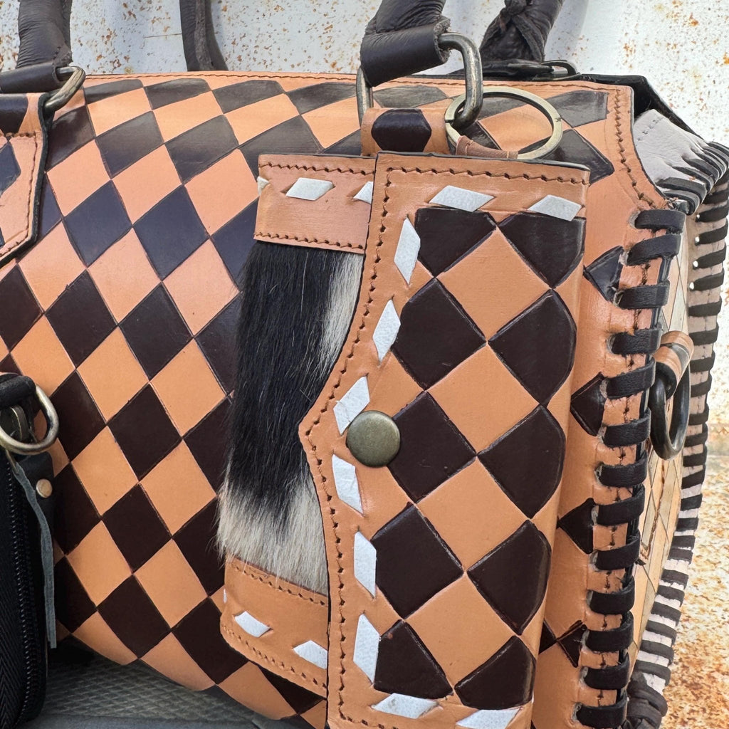 Caramel Espresso Checkered Speedy Western Genuine Leather Purse with optional wallet - Rooted & Reckless Co.