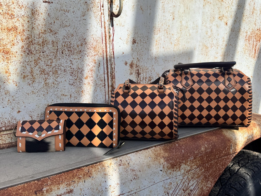 Caramel Espresso Checkered Speedy Western Genuine Leather Purse with optional wallet - Rooted & Reckless Co.