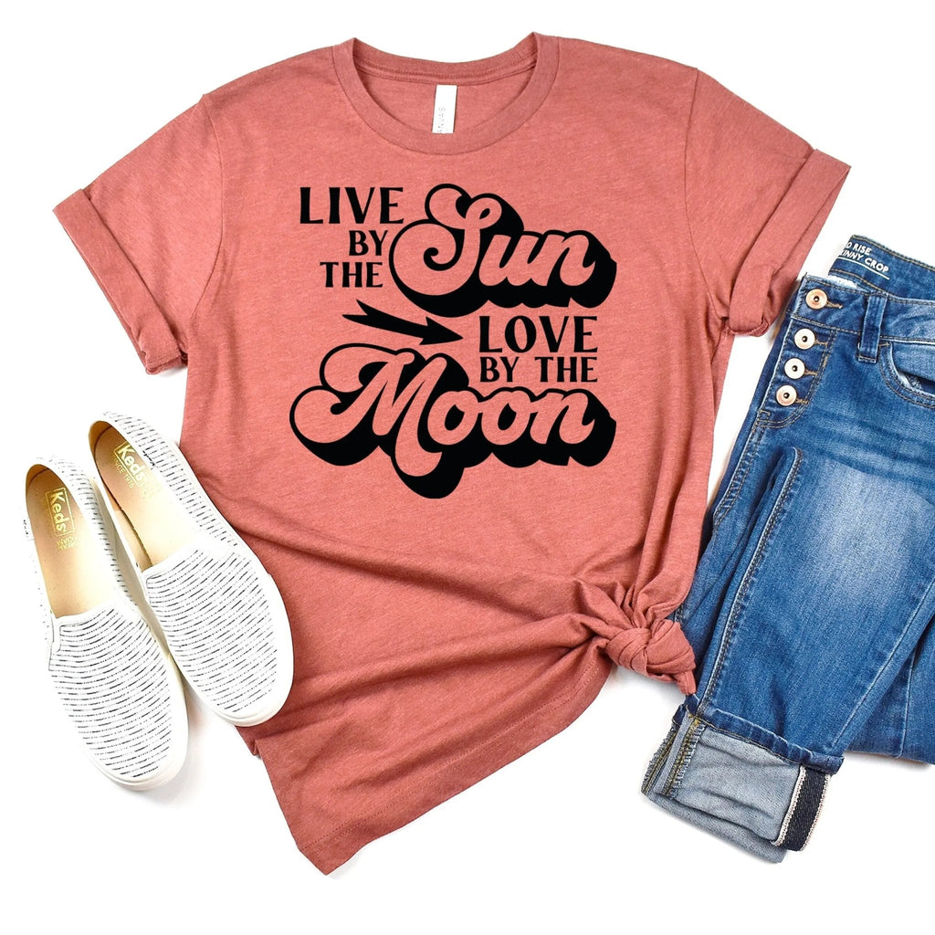 Celestial Tshirt, trendy shirts, moon shirt, boho hippie shirt, sunshine shirt, moon t shirt, live by the sun love by the moon - Rooted & Reckless Co.