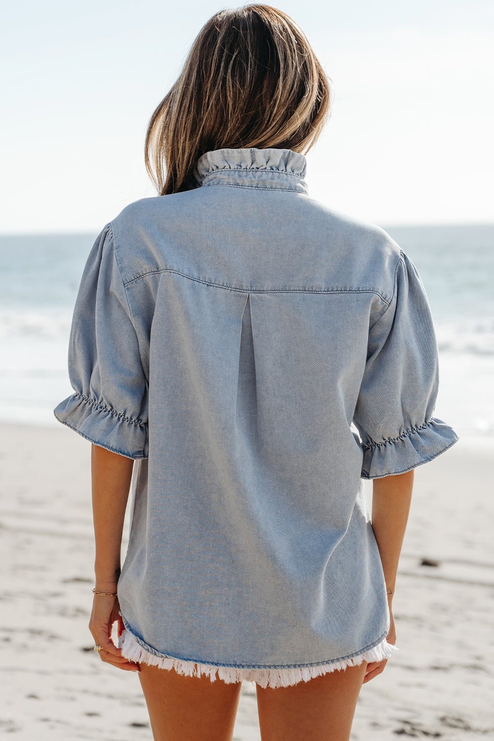 Chambray Ruffle Short Puff Sleeve Buttoned Shirt - Rooted & Reckless Co.