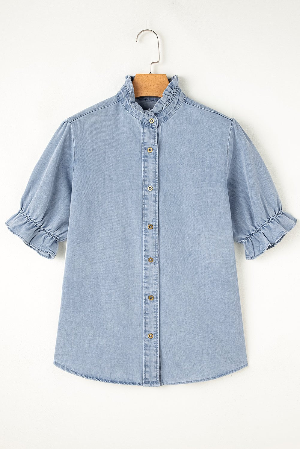 Chambray Ruffle Short Puff Sleeve Buttoned Shirt - Rooted & Reckless Co.