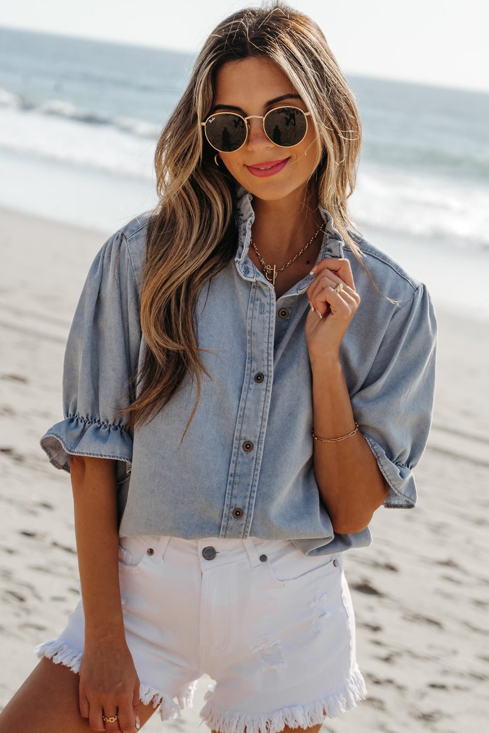 Chambray Ruffle Short Puff Sleeve Buttoned Shirt - Rooted & Reckless Co.