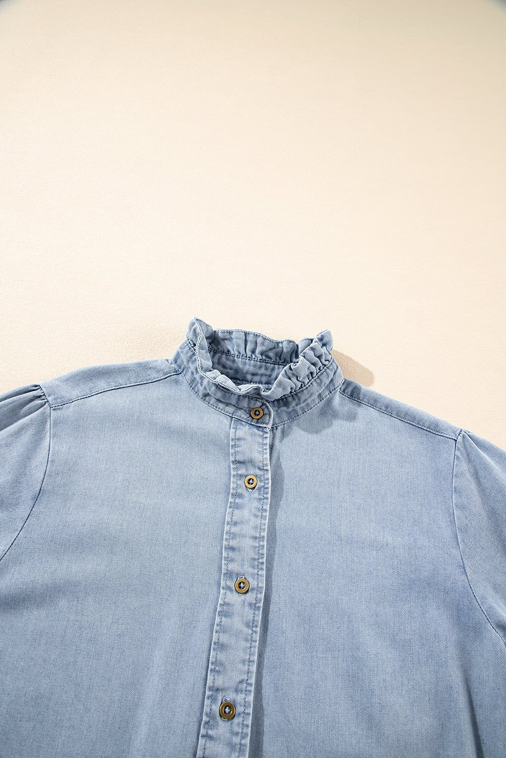 Chambray Ruffle Short Puff Sleeve Buttoned Shirt - Rooted & Reckless Co.