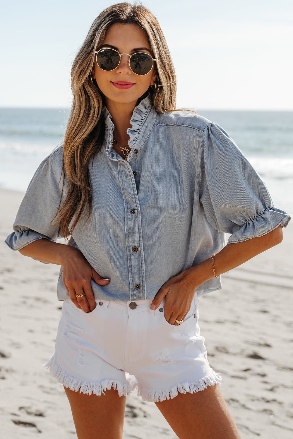 Chambray Ruffle Short Puff Sleeve Buttoned Shirt - Rooted & Reckless Co.