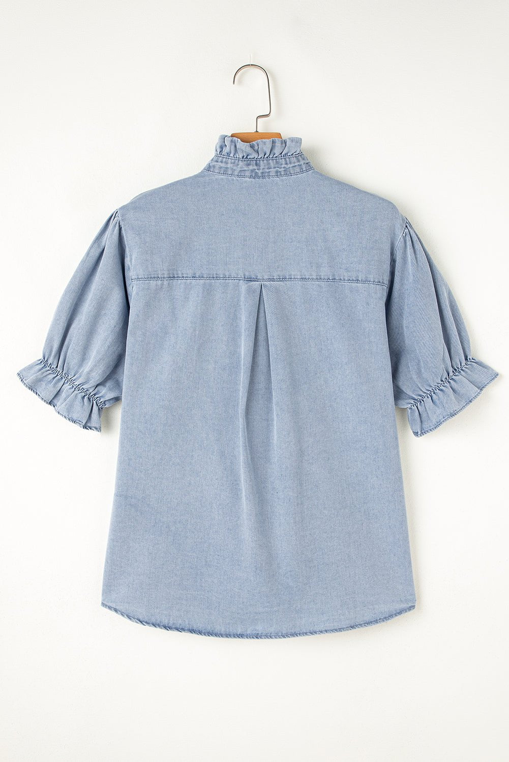 Chambray Ruffle Short Puff Sleeve Buttoned Shirt - Rooted & Reckless Co.