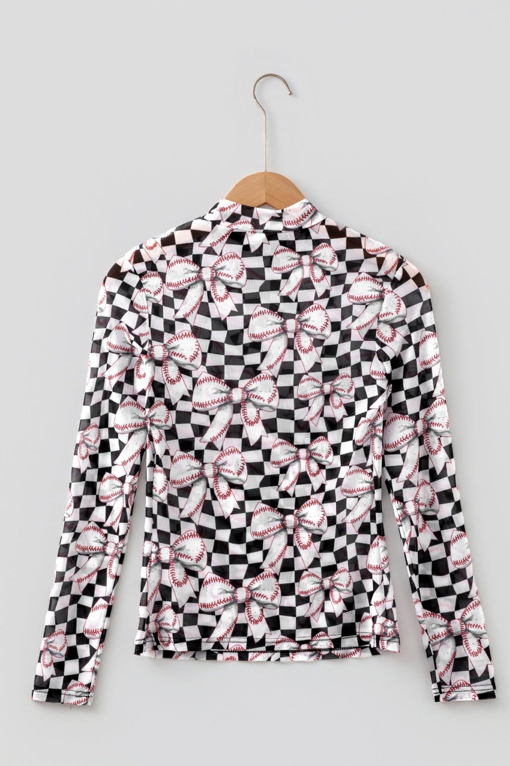 Checker Baseball Bow High Neck Long Sleeve Mesh Top - Rooted & Reckless Co.