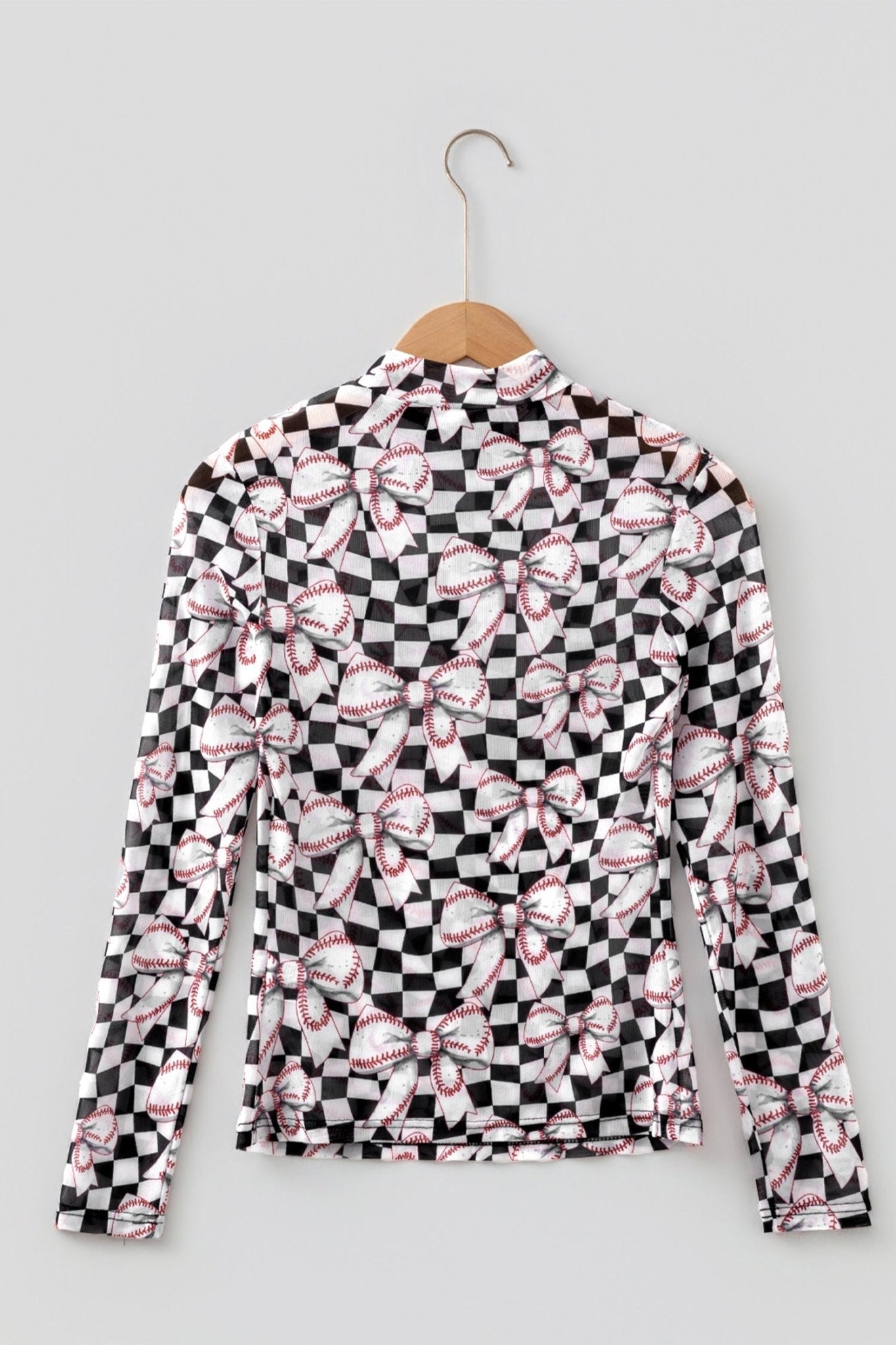 Checker Baseball Bow High Neck Long Sleeve Mesh Top - Rooted & Reckless Co.