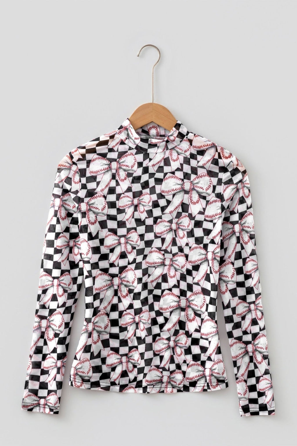 Checker Baseball Bow High Neck Long Sleeve Mesh Top - Rooted & Reckless Co.