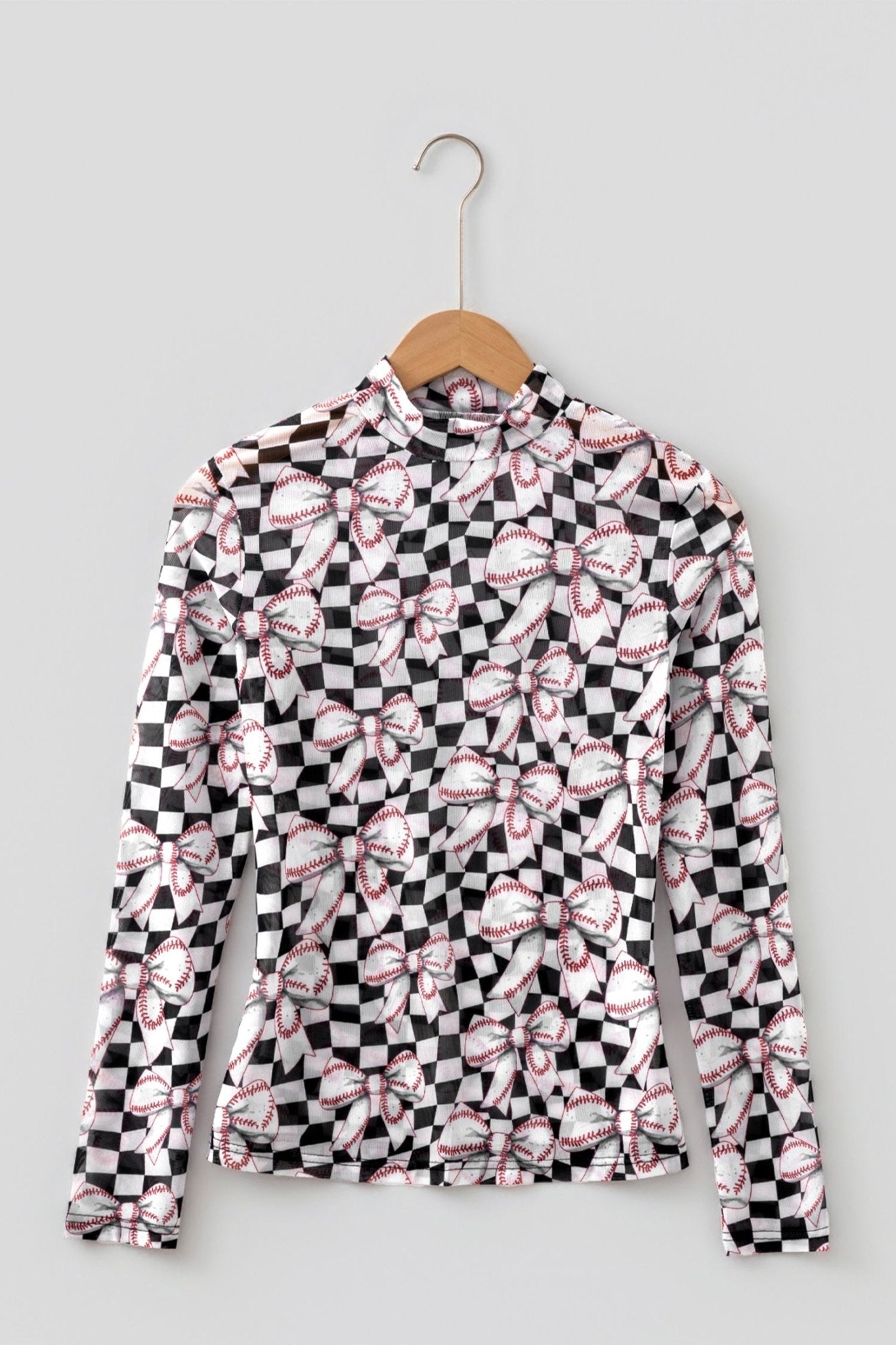 Checker Baseball Bow High Neck Long Sleeve Mesh Top - Rooted & Reckless Co.