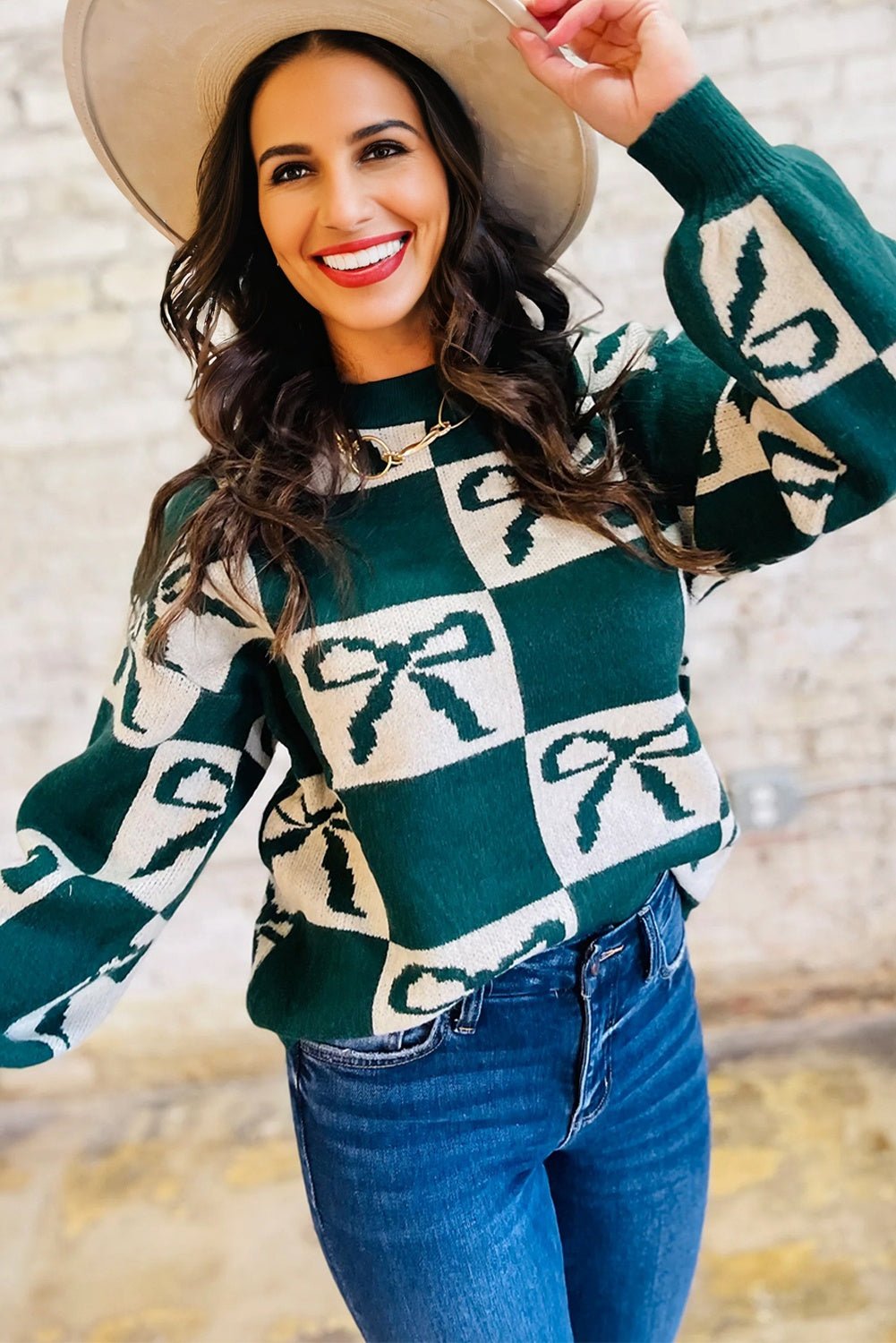 Checker Bow Crewneck Sweater - Rooted & Reckless Co.
