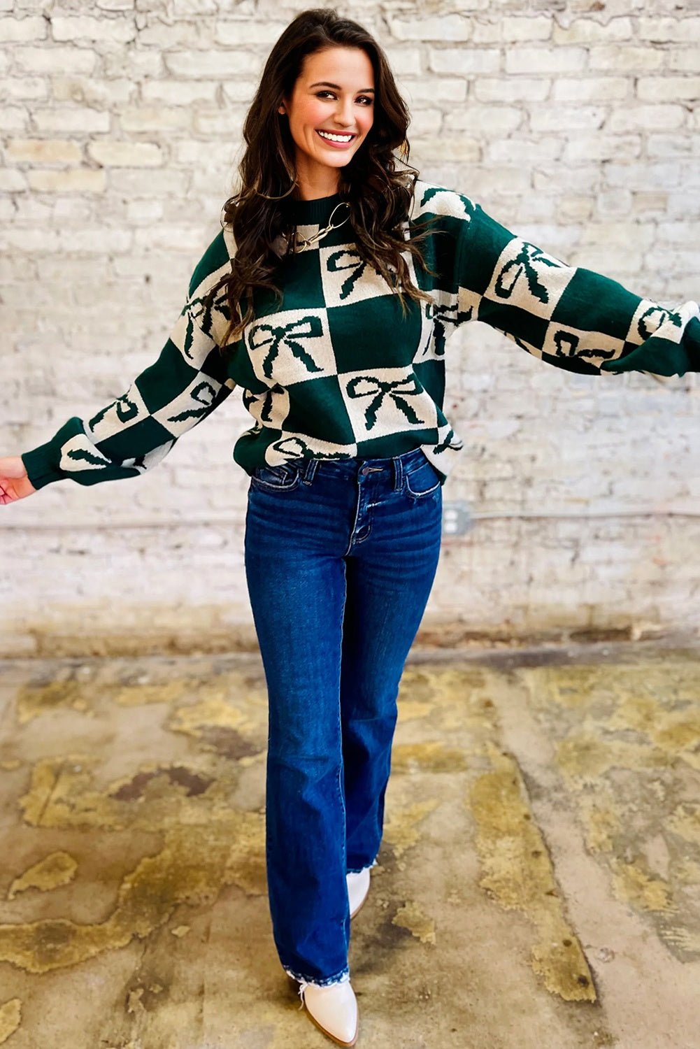 Checker Bow Crewneck Sweater - Rooted & Reckless Co.